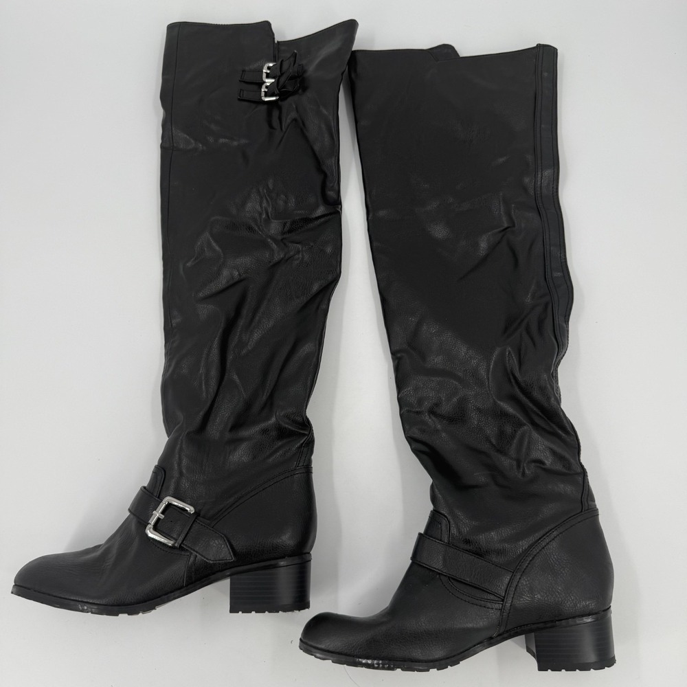 Colin Stuart Slouchy Knee-High Boots Womens US 9B Black Round Toe Buckle Detail